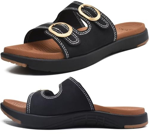 COFACE Sandales Femme Été Mode Orthopedique Slides Avec Support Confortable Plantar Fasciite Léger Sandale De Sangles Réglables,Noir/Kaki 35