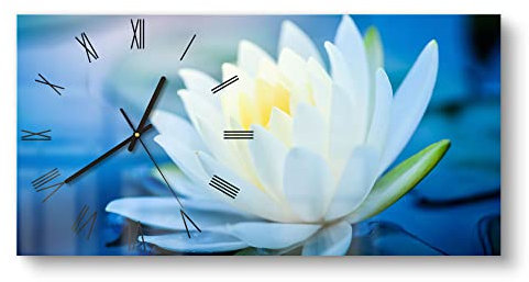 DEQORI Glasuhr | vertikal 60x30 cm | Motiv Lotusblüte im Wasser | große XXL Design Uhr aus Glas | leise Wanduhr für Wohnzimmer & Küche | moderne Hingucker Uhr für die Wand