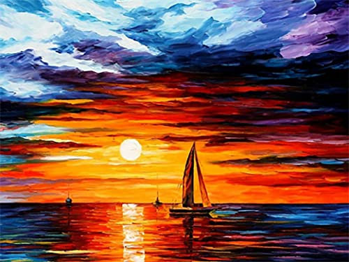 Diamond Painting Set, Bild mit Motiv Segelschiff im Sonnenuntergang und Zubehör, Größe ca. 35 x 25 cm, Bastelset zum Malen mit Glitzersteinchen für Kinder ab 5 Jahren