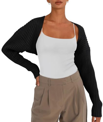 LILLUSORY Y2K Bolero Herbst Langarm Strickjacke Cropped Offene Front Shrug 2023 Pullover Frauen, Schwarz, Groß