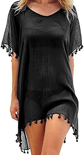 Edhomenn Women Chiffon Beachwear Tassel Bikini Cover Up Short Beach Dress Solid See-Through Swimsuit Summer Casual Swimwear (Black, One Size)