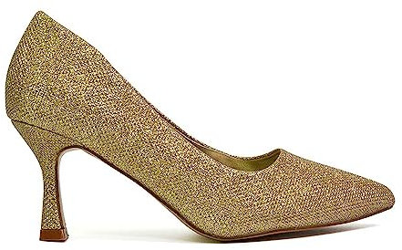 Womens Slip On Low Mid Heel Court Shoes Ladies Glitter Pointed Close Toe Dress Gold Court Shoes Size 4