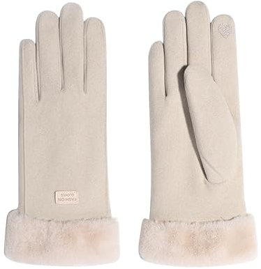 Feelorna Gants d'hiver pour femmes, 360 ° coupe - vent manchette en peluche thermique écran tactile gants, gants souples doublés de laine pour la conduite de vélos en plein air (Beige)