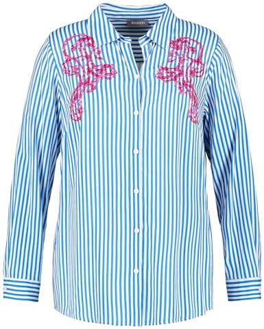 Samoon Damen Gestreifte Bluse mit Pailletten-Dekor Langarm, Manschetten gestreift Magic Blue Gemustert 50
