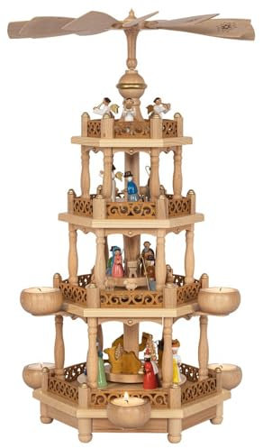 Richard Glässer Seiffen Weihnachtspyramide Christi Geburt, 3-stöckig, 55 cm hoch, Natur, original Erzgebirge