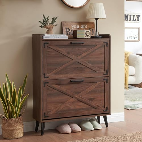 Barnyatoh Schuhschrank, Bauernhaus-Schuh-Organizer mit 2 Klappschubladen und Scheunentür-Design, freistehend, versteckt, schmal, Schuhregal für Eingangsbereich, Foyer, Flur, Walnuss