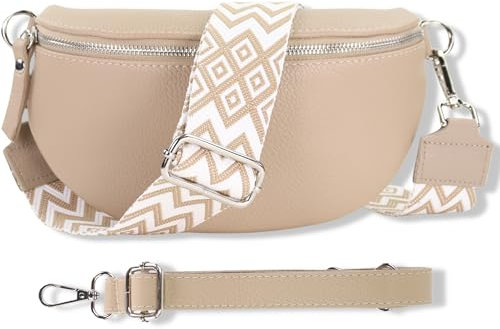 Blade Bauchtasche Damen Echtleder, stylische Gürteltasche Damen mit 2 gemusterten und Leder abnehmbaren & verstellbaren Breiten Gürteln, Crossbody Bag Damen, Hochwertige Tasche für Frauen-BEIGE