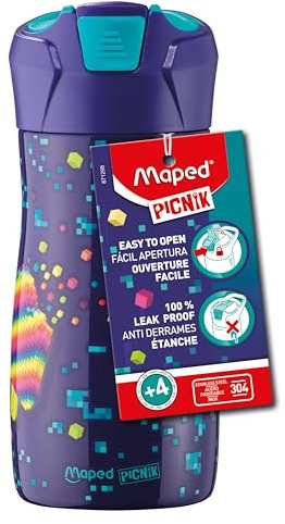 Maped Picnik - Gourde Enfant avec Système de Pipette - Étanche - Ouverture Facile avec Bouton - Corps en Acier Inoxydable - Pixel Party - 430 ml