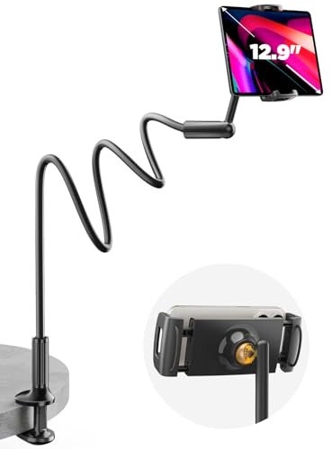 SAIJI Soporte para Tablet de Cuello de Cisne para Cama, Ajustable con una Sola Mano, 47 Pulgadas de Longitud, Base Mejorada, Soporte para iPad con Brazo Flexible Perezoso, Compatible con