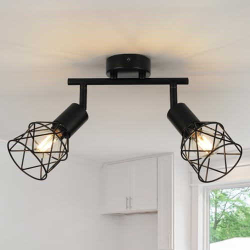 FORCOSO Deckenstrahler Schwarz Schwenkbar 350°, Spots Deckenleuchte 2 Flammig Metall Deckenlampe Strahler, E14 Industrial Deckenspots Wandstrahler, Vintage Decke Küchenlampe Küche Wohnzimmer Flur