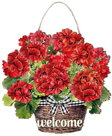 BLSYHDH Decoración Colgante de Geranio, Puerta Colgante para Puerta de Entrada, Cartel de Madera de Geranio Rojo, Cartel de Bienvenida Colgante para Casa, Granja, Cumpleaños, Aniversario, Porche