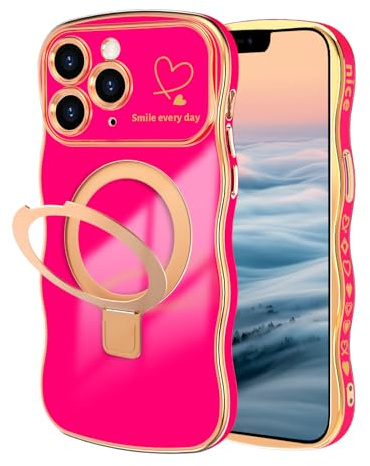 Oylaxoy for iPhone 11 Pro Magnetic Case with Stand, Luxury Electroplating Shockproof Wave Curly Frame and Heart Pattern, Lens and Screen Edge Raised Protection for iPhone 11 Pro - Rose Red