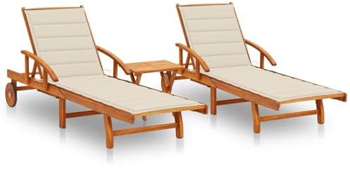 JUDYY Sonnenliegen 2 STK. mit Tisch und Auflagen Massivholz Akazie, Gartenliege, Liegestuhl, Sonnenstuhl, Sonneninsel Outdoor, Liegen, Gartenmöbel, Bäderliege, Relaxliege - 3077347