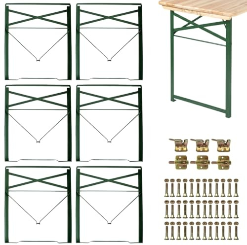 Vigormat Pied De Table Pliable pour Banc de Brasserie et Jardin, Kit de Montage Complet avec Vis pour Meuble DIY, Support Rabattable en Métal Robuste, Gain de Place Extérieur (6 Pieds + Kit - Vert)
