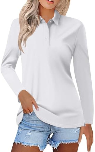 Polo Shirts for Women UK Solid Color Long Sleeve Lapel Sports Shirt Tennis Golf Breathable Casual Polo Shirt White XXL