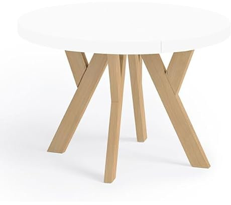 Dekori Möbel Runder Ausziehbarer Tisch für Esszimmer mit Holzbeinen, Pero, Loft-Stil, Skandinavische, Durchmesser Varianten: von 90 bis 220 cm (Weiß/Buche Natur, 110/210 cm)