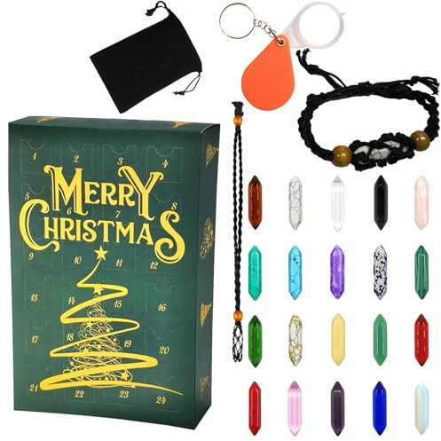 Weihnachts Adventsstein, Adventskalender Kristalle - 24 Tage Mädchen Adventskalender Kristall Kit mit Kristall Halsketten, Perfekte Rock Sammlung für Meditation und Achtsamkeit