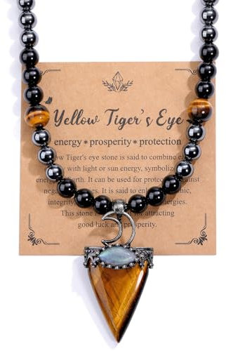 PiercingJak Herren Halskette mit Tigerauge Pfeil Arrow Pfeilspitze Mond Anhänger Obsidian Hämatit Perlen Kette Kristallkette Edelstein Heilsteine Schmuck Amulett Geschenk für Männer
