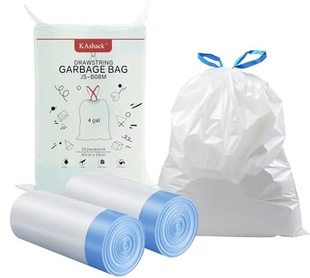 Kashack Bolsas de basura de 15 l, 50 unidades, con cordón blanco, 25 µm, extrafuertes, resistentes, resistentes, para baño, cocina, dormitorio, oficina, embalaje rápido, 45 x 50 cm