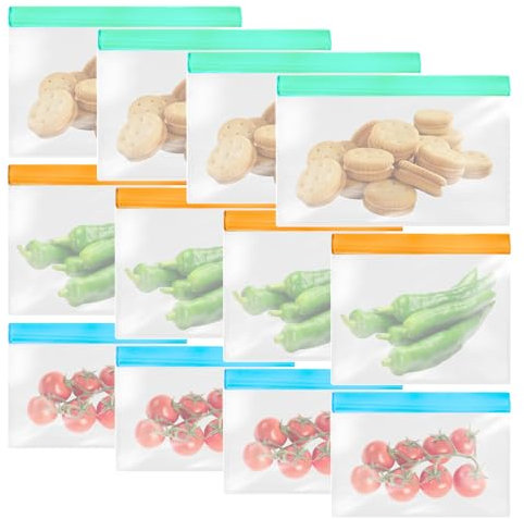 Sxutop 12 Stück Lebensmittel Beutel Wiederverwendbare Aufbewahrungsbeutel Lebensmittel Gefrierbeutel aus EVA mit 3 Größen Auslaufsicherer Zipper Beutel Lebensmittel für Obst Gemüse Fleisch Snack