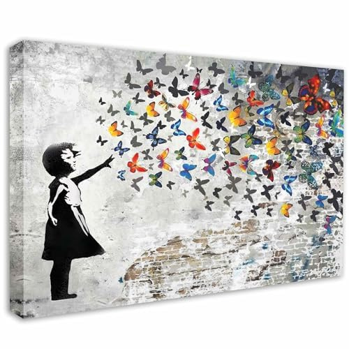 Banksy Leinwand Wandkunst Mädchen mit schmetterlinge Grau - Komplett Aufhängefertig, Strassen Kunst-Graffiti-Wanddekoration art, moderne Leinwand Mood bilder (100x150 cm)