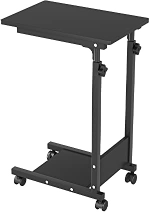 HUOLE Table d'Appoint en Forme de C, Bout de Canapé avec Roues, Table de Lit avec Poche, Table Ordinateur Portable, Cadre en Métal, Max 15 kg,56,5 * 37*/95cm-Noir
