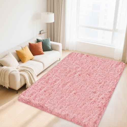 OuTanTe Hochflor Teppich Wohnzimmer 120x160cm, Rosa Flauschiger Weichen Teppich Schlafzimmer Teppiche, Modern Shag Plüsch Wohnzimmerteppich Bettvorleger High-Pile Carpet rutschfest für Kinderzimmer