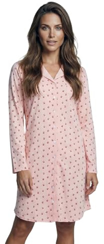 Zeitlos Nachthemd Damen Langarm Holly mit Kirschen M-2XL Schlafshirt durchgehende Knopfleiste mit Kragen