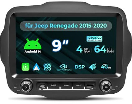 NVGOTEV Android 14.0 Autoradio per Jeep Renegade 2015-2020 con schermo tattile da 9 pollici Supporto radio di navigazione GPS 4G DSP TPMS OBD WirelessCarplay/Android Auto 4+64GB