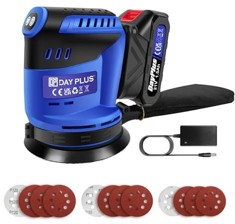 21V Cordless Orbital Sander with 1X 1.5Ah Battery & Charger, 360° Rotating Base, 3-Speed Control, 12Pcs Sandpaper – Perfect for Sanding, Polishing Wood & Metal Surfaces