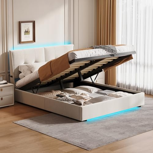 TIMORWTF Bett mit Stauraum 140x200 mit LED-Beleuchtung, Doppelbett mit Stauraum und Kopfteil, gepolstertes Bett mit Lattenrost 140x200 für 2 Personen, in Samt, Beige (ohne