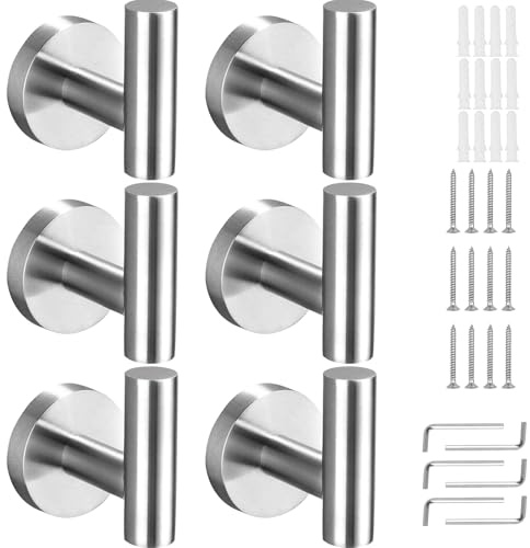 KissDate 6 Pack Towel Hooks, Wall Coat Hook Bathroom Matte Silver Robe Hook SUS 304 Stainless Steel Heavy Duty Door Hanger Clothes Cabinet Closet Sponges Hook Shower Robe Hand Hooks for Bathroom