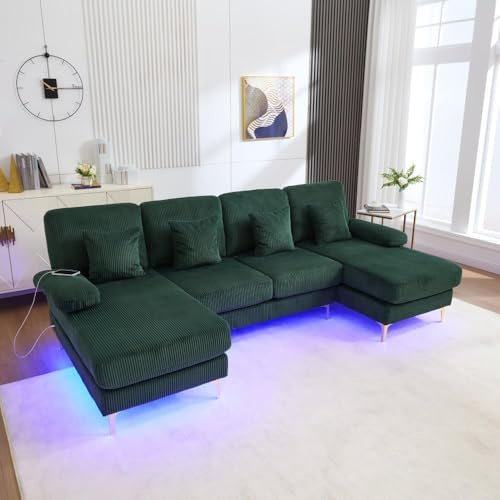 Zubaliya 4-Sitzer-Sofa in U-Form mit LED und USB C, Ecksofa aus Samt mit 4 Kissen und Armlehnen, moderne ergonomische Rückenlehne, multifunktional, im Wohnzimmer, Grün
