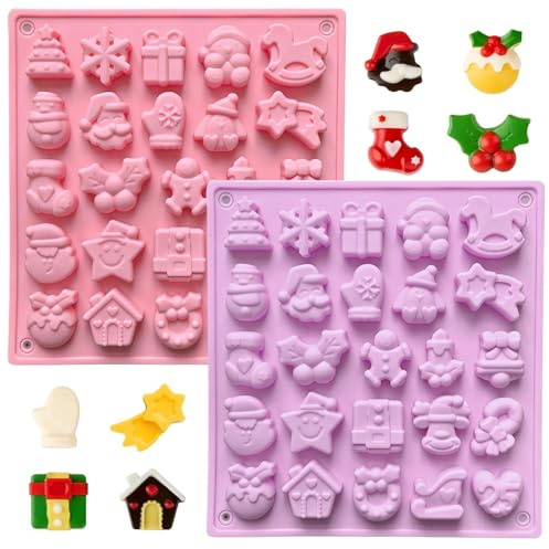 DAVBNM 2PCS Christmas Silicone Mould, Silicone Santa Claus Gift Box Xmas Tree Gingerbread Man Bell Gloves Snowflakes Shapes Christmas Chocolate Cake Baking Moulds, for Christmas Party Supplies