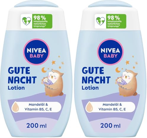 NIVEA Baby Gute Nacht Lotion 2er-Set, Bodylotion pflegt zarte Babyhaut mit Mandelöl, Vitamin E, C und B5, vegane Babylotion mit hypoallergener Formel ohne Parabene und Mikroplastik (2 x 200 ml)
