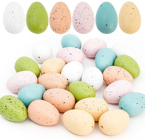 Songjum 24 Stück Ostereier Dekoration 6 x 4cm Kunststoff Pastell Flecken Eier Künstliche Vogel-Eier für Osterfrühring Anzeige DIY Handwerk Home Schale Füllstoffe Dekoration (6 Farbe)