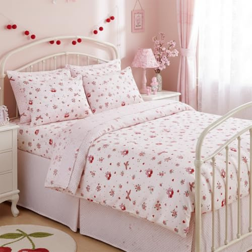 Nayoroom Bettwäsche Mädchen 135x200 Rot Kleine Blumen Kinder Bettbezug Set | Oeko-TEX, Microfaser, Bettbezug 135x200 cm + Kissenbezug 80x80 cm, Kinderbettwäsche, Herzen, Reißverschluss