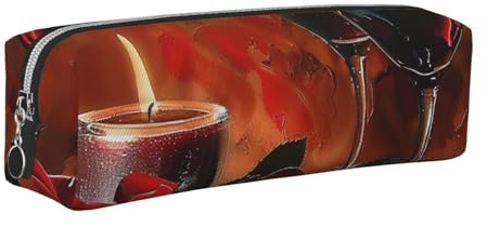 kkvhhyuo Red Wine Rose and Candle Print Leather Pencil Case Portable Stationery Bag Pencil Pouch Slim Design Pen Bag with Silver Zipper Pocket Size for or Student Office College Middle School