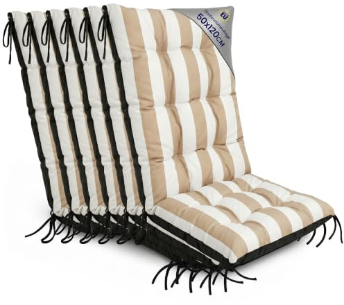 Gartenstuhl Hochlehner Auflagen 6er Set 50x120 cm - Sitzauflagen Gartenmöbel Gartenstuhlauflagen Polster Auflage für Gartenstühle Sitzpolster Outdoor Stuhlauflagen Sitzkissen Weiß-beige gestreift