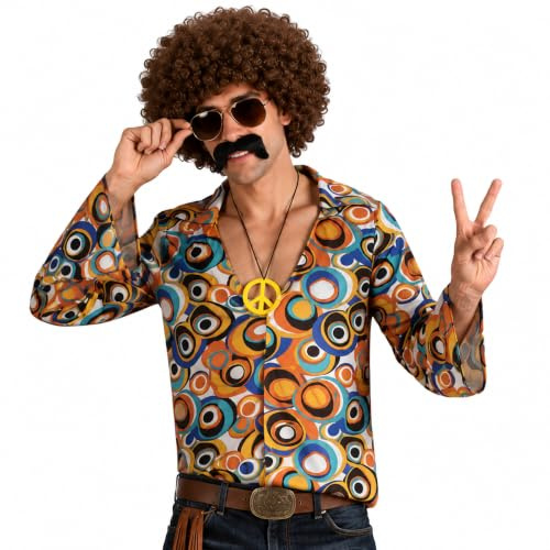 Wicked Costumes Adult Mens Groovy Hippie Shirt and Peace Medallion Fancy Dress Costume for Parties, Festivals & Concerts