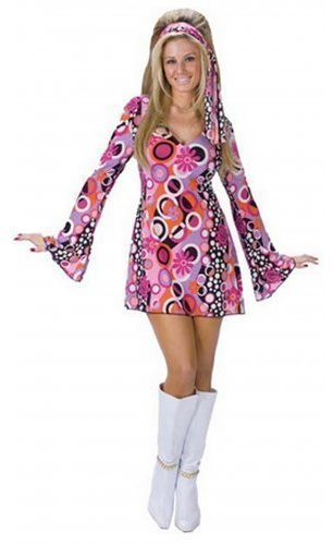Fancy Me Damen Kostüm Sexy 60s 70s Jahrzehnte Pinkes Gefühl, Groovy Hippie Chick Kleid Outfit - Mehrfarbig, 38-40