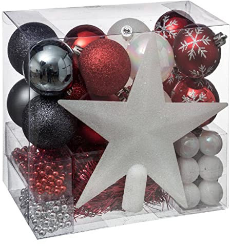 Deko-Set Weihnachten - 44-teiliges Set zur Weihnachtsbaumdekoration mit: Girlanden, Christbaumkugeln, Christbaumspitze - Farben: Weiß und Red