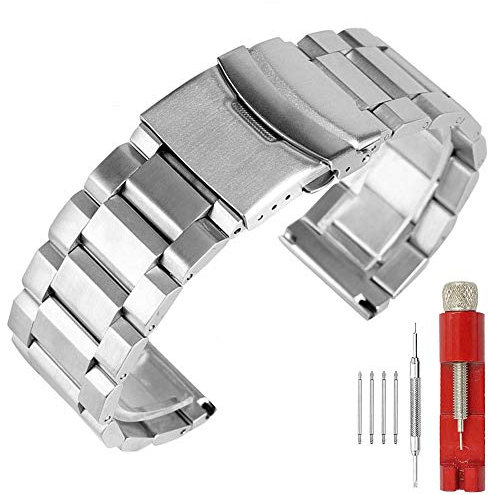 Kai Tian Solid Double Locks Edelstahl-Uhrenarmband, gebürstetes Finish Uhrenersatz-Metallarmband für Herren Damen 18mm 20mm 22mm 24mm Schwarz Silber (Silber, 24mm)