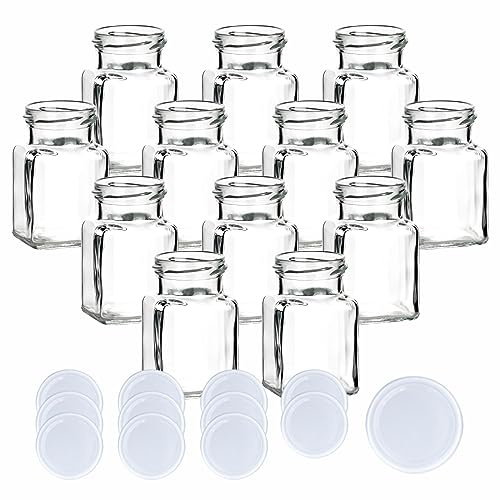 gouveo 12er Set Einmachgläser 150 ml (0,15 l) eckig Schraubdeckel weiß aus Metall kleine Vorratsgläser für Marmelade, Chutney, Gewürze, Dessertportionen & Aufbewahrung (EGE150W)