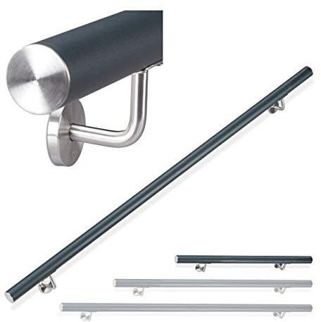 Relaxdays Handlauf Aluminium, rund, Treppengeländer innen & außen, matt, 100 cm, Ø 42mm, mit Wandhalterung, anthrazit