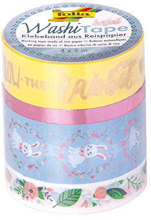 folia 26448 - Washi-Tape, Klebeband aus Reispapier, 4er Set Follow the rabbit, mit Heißfolienveredelung, 4 Rollen mit 5 m Länge in unterschiedlichen Breiten, zum Verzieren und Dekorieren