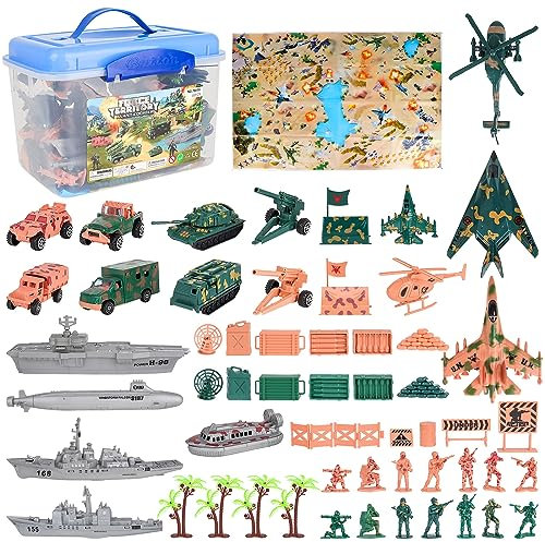 deAO Set Militaire de 56 Accessoires avec Carte, Figurines de Soldats, véhicules Militaires, Avions et Accessoires de Combat – Superbe Jeu pour Les Petit aventuriers et aventurières