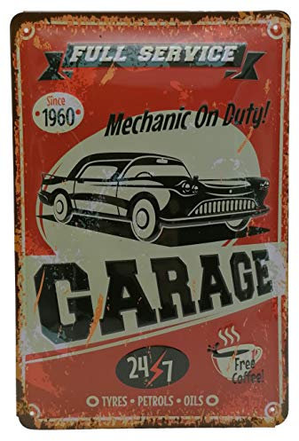 LUCKYLINDE geprägtes Blechschild passend für Werkstatt Fans, Garagen Tankstelle Rallye Auto Oldtimer Schild 20 x 30 cm (Full Service Garage)
