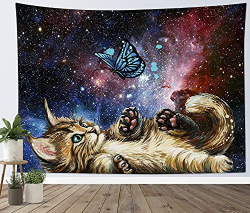 LB Wandteppich Lustige Katze Wandtuch Sternenklarer Himmel Wandbehang Schmetterling in der Galaxie Tapisserie für Wohnzimmer Schlafzimmer Wohnheim Wanddeko,150x100cm