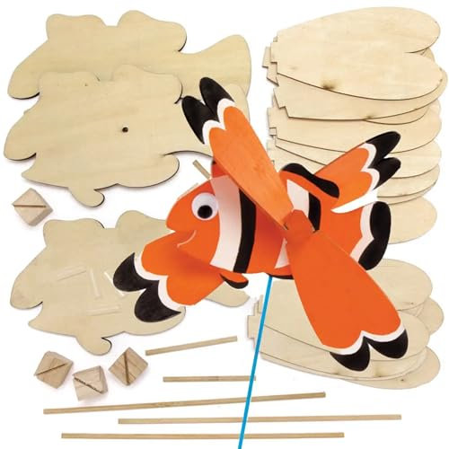 Baker Ross FE231 Windräder-Bastelsets aus Holz, Motiv: tropische Fische, 3 Stück, für Kunst- und Bastelprojekte, Holzhandwerk für Kinder zum Dekorieren, Gestalten und Präsentieren
